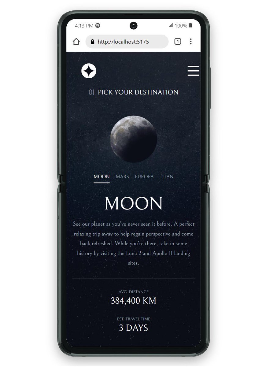 _devHelen's tweet image. Day 56 - 58 🚀 on #100DaysOfCoding Just completed the responsive design aspect of the Space Tourism project, and it’s live! The site now adapts smoothly across devices, ensuring a seamless experience. 

🔗: t.ly/7RbuS

 #Vite #FramerMotion #ResponsiveDesign