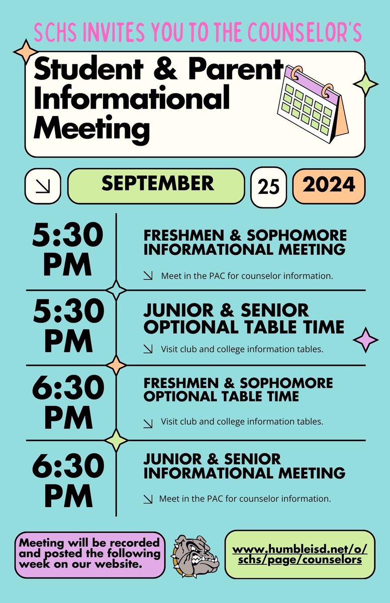 Please join us for our Counselor’s informational meeting this Wednesday, September 25th! We look forward to seeing you there!