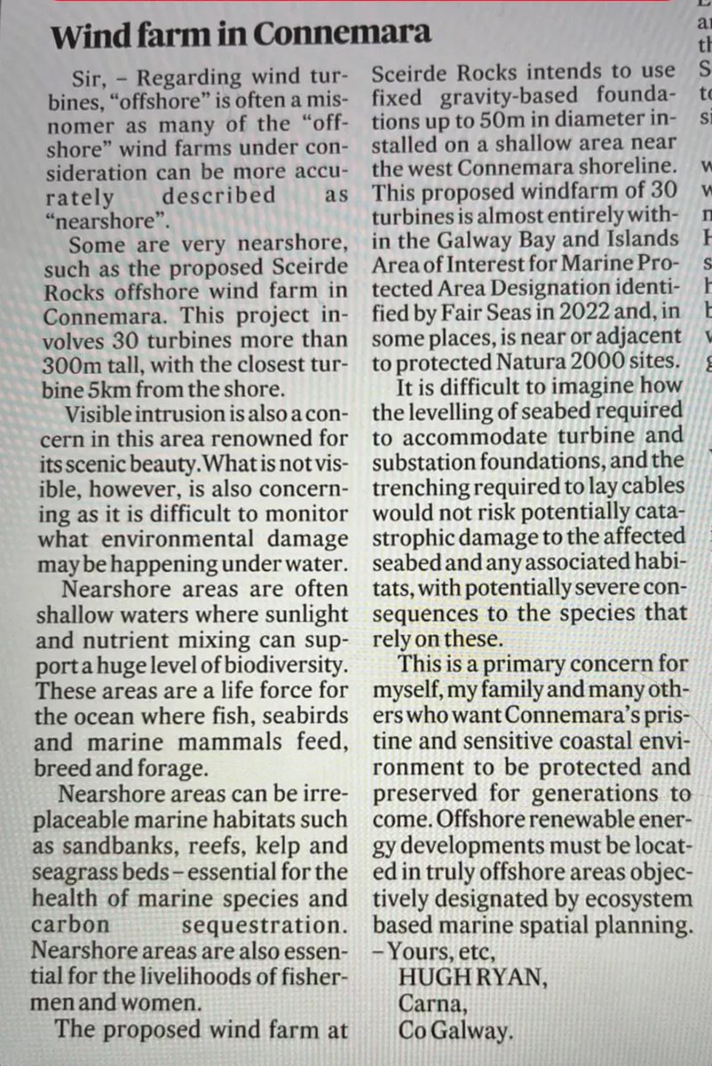 Save The Connemara Coast (@savetheccoast) on Twitter photo A very informative letter to the <a href="/IrishTimes/">The Irish Times</a> on the potential impacts of nearshore wind farms. This letter details many of our concerns 🌎🌊🐬 Míle buíochas a Hugh 🙏🏻 #connemara #windfarms #environment #WildAtlanticWay A very informative letter to the <a href="/IrishTimes/">The Irish Times</a> on the potential impacts of nearshore wind farms. This letter details many of our concerns 🌎🌊🐬 Míle buíochas a Hugh 🙏🏻 #connemara #windfarms #environment #WildAtlanticWay