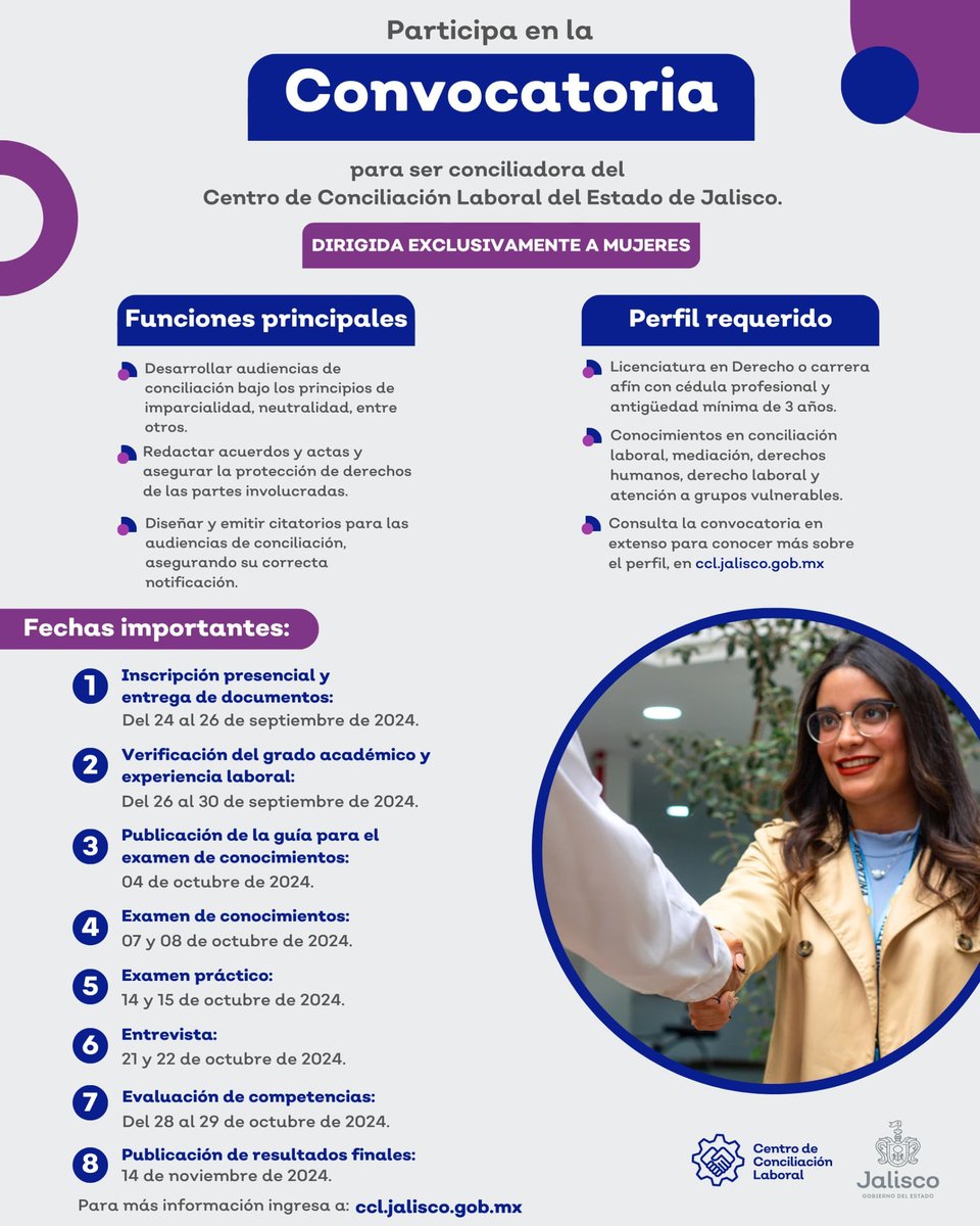 Participa en la convocatoria para ser conciliadora del <a href="/CCLJalisco/">CCL Jalisco</a> 
❗Más información en el siguiente link ccl.jalisco.gob.mx/convocatoria-d…