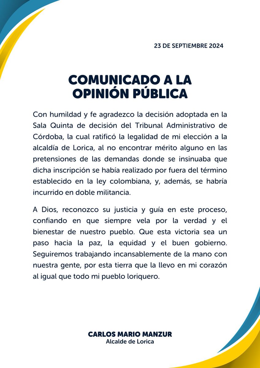 laflechaco's tweet photo. #Corrillos #LaMovida Atención: Alcalde de Lorica, @manzurcarlosm se pronuncia sobre decisión del Tribunal Administrativo de Córdoba respecto de la decisión en el proceso que pedía anular su elección. El fallo fue favorable al mandatario. https://t.co/5bM2X38FFE