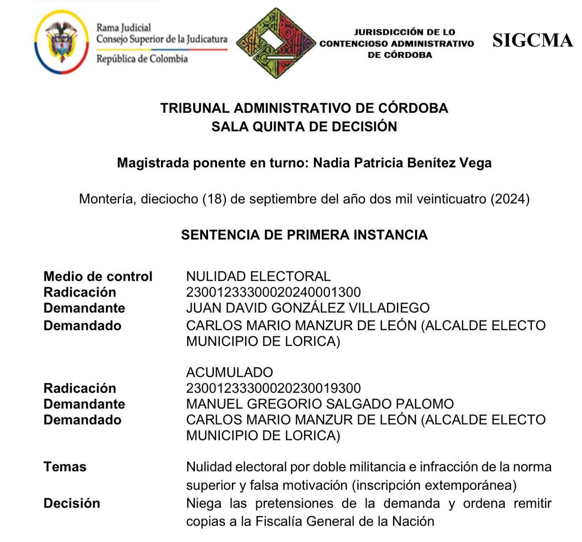 laflechaco's tweet photo. #Corrillos #LaMovida Atención: Alcalde de Lorica, @manzurcarlosm se pronuncia sobre decisión del Tribunal Administrativo de Córdoba respecto de la decisión en el proceso que pedía anular su elección. El fallo fue favorable al mandatario. https://t.co/5bM2X38FFE
