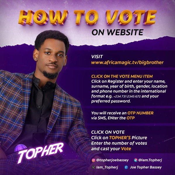 Sooj_Official's tweet photo. Hi everyone, 

My broski, the other half of the Aces boy ‘Topher’ is up for eviction.

Please come through and vote for TOPHER, Aces in the final is a thing of joy for all Aces ☄️

How to vote in the picture below.👇🏾 

#BBNaija https://t.co/09pvUgoG2l