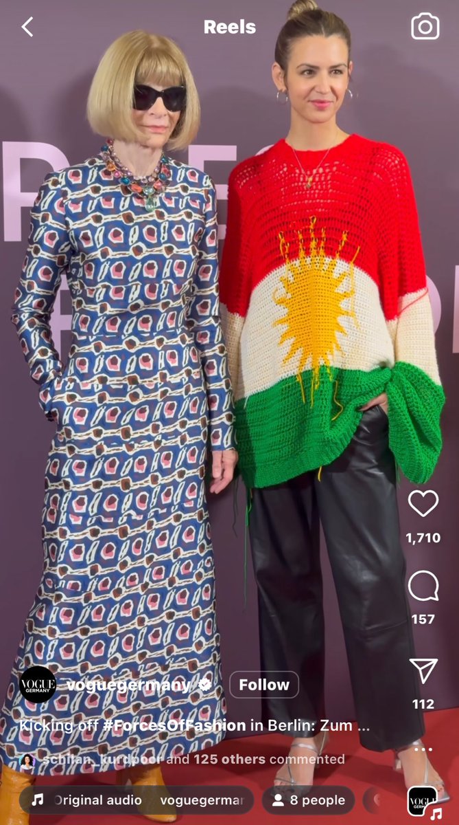DilshadKhalaf's tweet photo. Wow!! Kerstin Weng, Editor-in-Chief of the famous @VOGUE_Germany , appeared at the #ForcesofFashion event in Berlin wearing a sweater with the Kurdish flag 🇹🇯! Such a cool way to blend fashion with culture. It's worth mentioning that Nike also released a culturally Kurdish-themed ad before being pressured to remove it by Turkey. Kerstin faced a flood of racist comments today but received huge support from the Kurdish community, which she thanked on her Instagram page! 🙌 #Kurd #Vogue