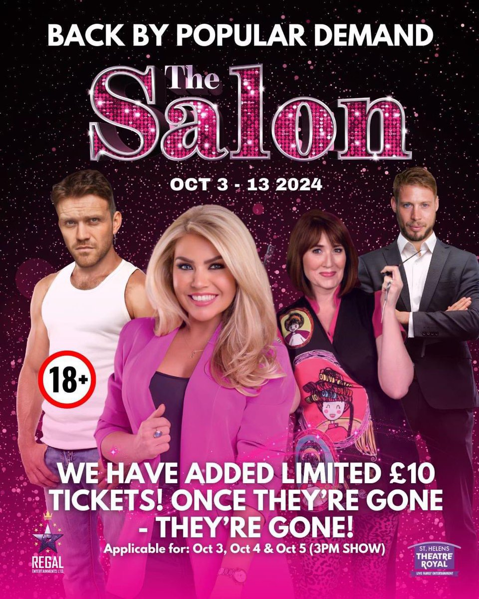 🚨 LIMITED £10 TICKETS AVAILABLE!🚨  
Grab yours now for The Salon at St. Helens Theatre Royal before they're gone! 🎟️💨

These special prices are available for shows on Oct 3, 4, and 5 (3pm show) only – don't miss out on this deal!