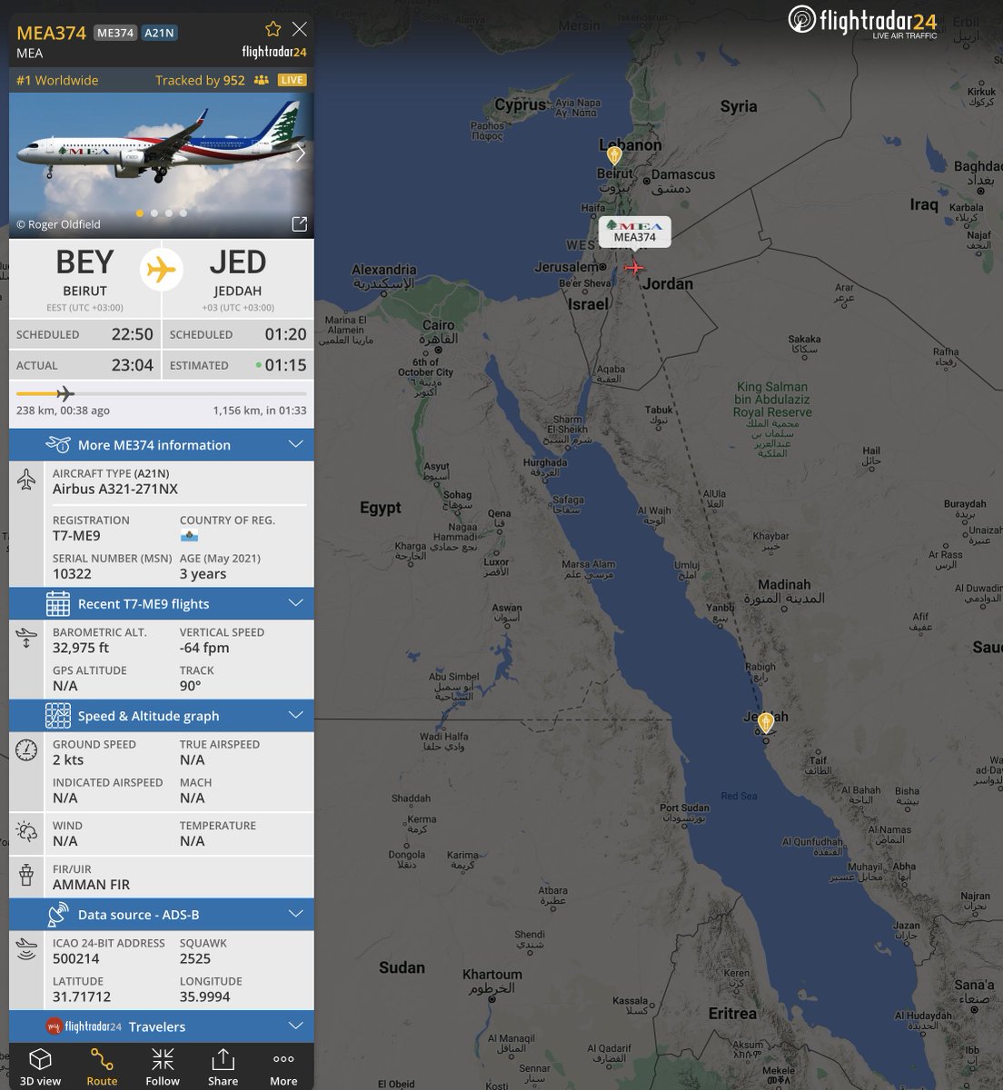 flightradar24's tweet photo. GPS spoofing in action: a Beirut-Riyadh flight “hovering” at 33,000 feet above Amman. You can read more about different types of GPS interference at https://t.co/dGjuKzSiNm https://t.co/r3gA7fbPpR
