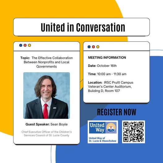 UnitedWaySLO's tweet photo. Join us for an enlightening morning with Sean Boyle, Executive Director, Children’s Services Council of St. Lucie County. Sean will share his expertise on building effective community partnerships and engaging local governments. https://t.co/M5exlU8OLG. #unitedinconversation https://t.co/lDTTOYGb5F