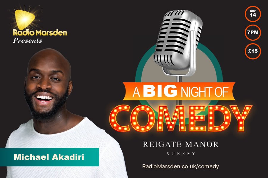 So pleased to share that <a href="/MichaelAkadiri/">Michael ‘The Comedy Doc’ Akadiri</a> is the first act joining the line up <a href="/RadioMarsden/">Radio Marsden 💙</a> Big Night of Comedy

Michael is joining us in between dates on his UK tour to MC our show

Join us <a href="/ReigateManor/">Reigate Manor</a> on 14/11

🎟️ radiomarsden.co.uk/comedy

#reigate #charity #standupcomedy