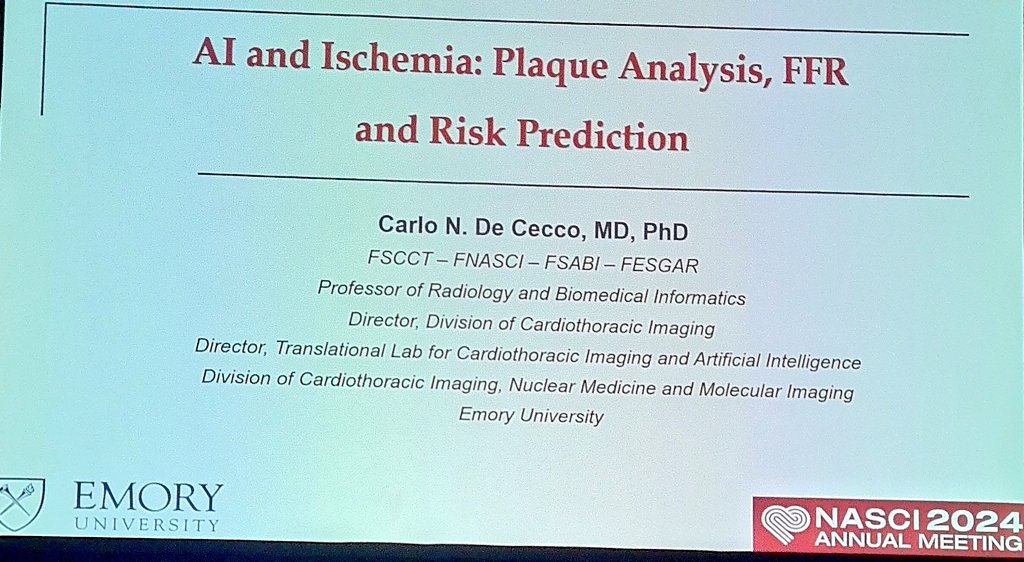 CarlottaOnnis's tweet image. Amazing lecture by @DeCeccoCN from @Heart_AI_Lab @EmoryRadiology at #NASCI24 on the role of AI in ischemic heart disease 🫀
@NASCISociety #nasci #cardiovascularimaging