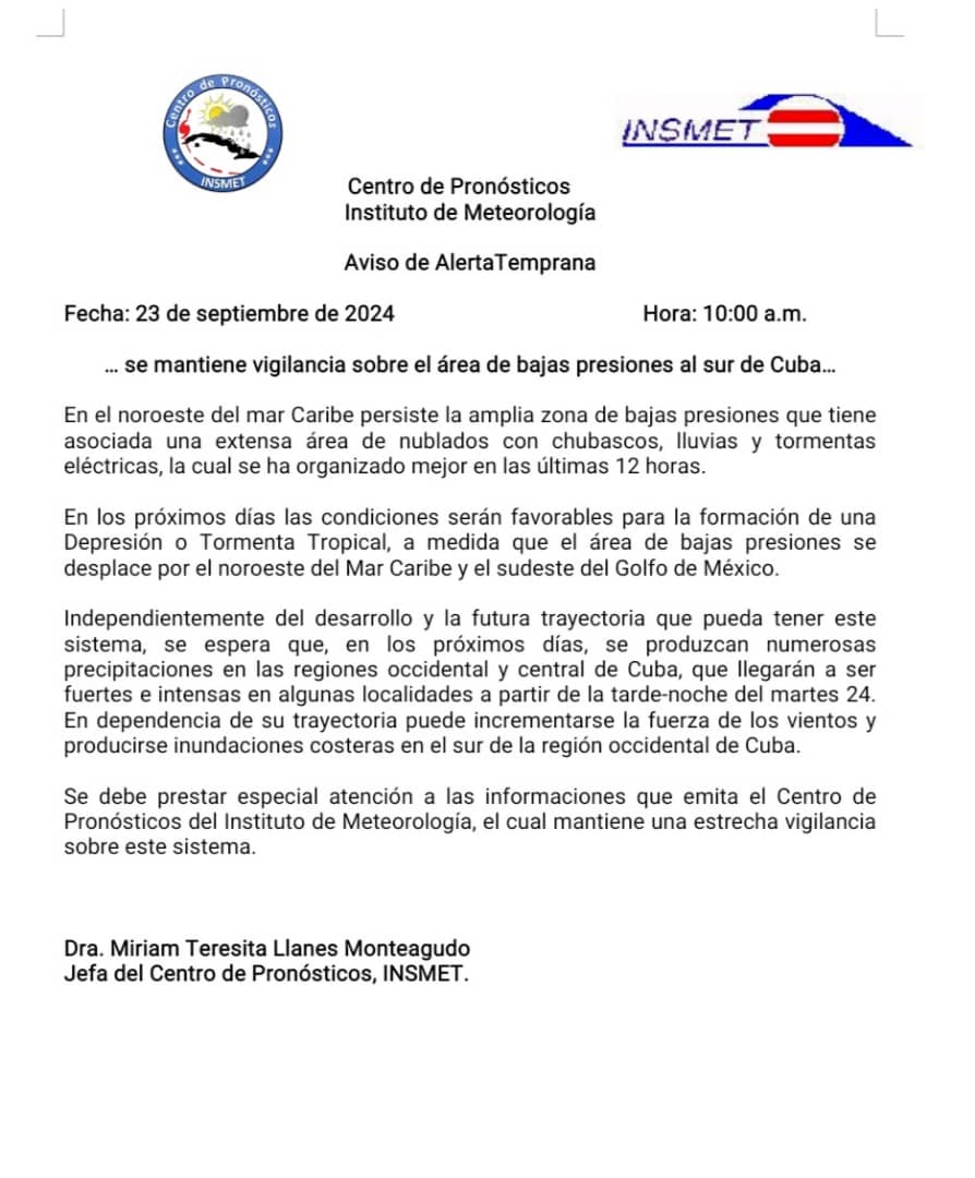 citmacuba's tweet photo. Emite Centro de Pronósticos @InsmetC Aviso de Alerta Temprana sobre condiciones favorables para formación de Depresión o Tormenta Tropical al desplazarse zona de bajas presiones por noroeste del mar Caribe y sudeste de Golfo de México que provocaría lluvias en occidente y centro https://t.co/SGfQKDxtH4