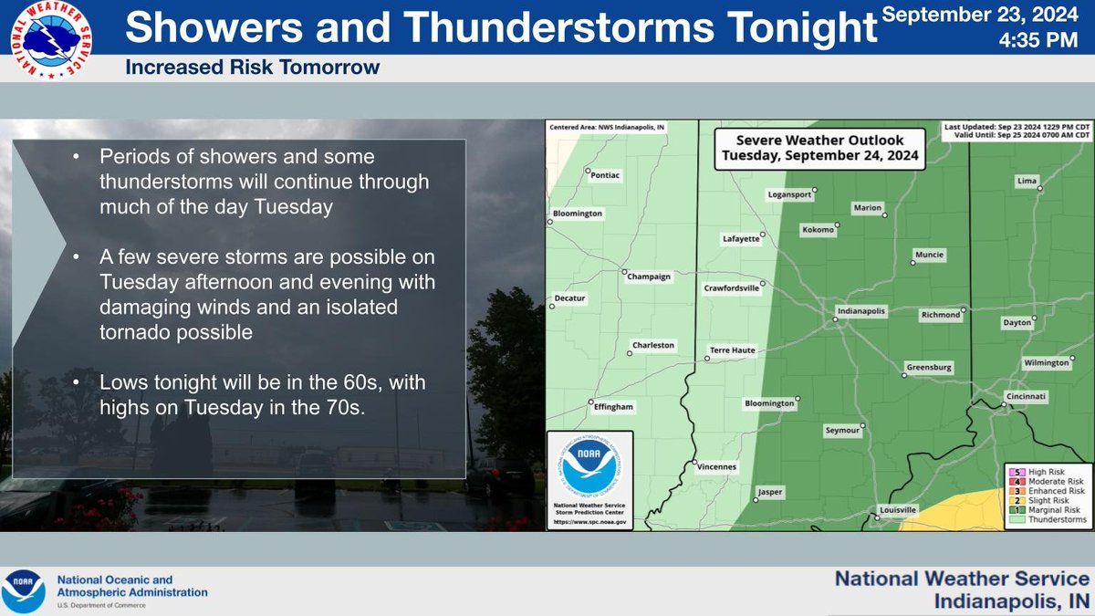 NWSIndianapolis's tweet photo. Look for periods of showers and some thunderstorms across central #inwx through Tuesday. A few severe storms are possible on Tuesday, mainly during the afternoon and evening hours. https://t.co/XxPqbHYMwE