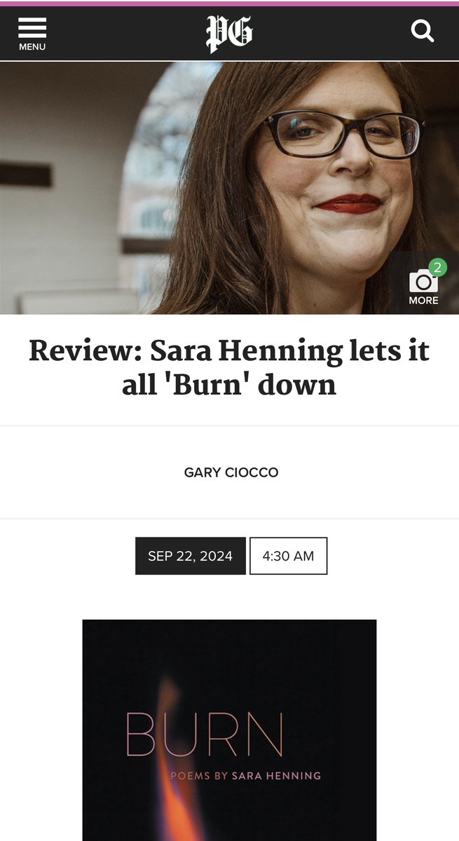 Sara Henning (@saradhenning) on Twitter photo I'm beyond grateful for this <a href="/PittsburghPG/">Pittsburgh Post-Gazette</a> review of BURN by Gary Ciocco:
"In BURN, Sara Henning . . . feels, and fills, 'the hollows' made by loss and reflection." ✨🔥
Read the full review:
post-gazette.com/ae/books/2024/…
Thank you all for your incredible support! 💛 I'm beyond grateful for this <a href="/PittsburghPG/">Pittsburgh Post-Gazette</a> review of BURN by Gary Ciocco:
"In BURN, Sara Henning . . . feels, and fills, 'the hollows' made by loss and reflection." ✨🔥
Read the full review:
post-gazette.com/ae/books/2024/…
Thank you all for your incredible support! 💛