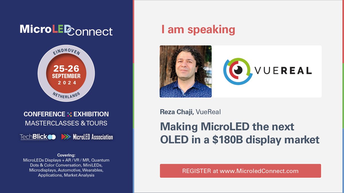 vue_real's tweet photo. 🙌 Tomorrow is day 1 of #MicroLEDConnect! We hope to see you bright and early for our CEO @rzchaji's opening keynote at 9:20am.

Make sure to visit the VueReal team at booth #8, where we will be showcasing exciting solutions for automotive and AR.

Info ➡️ https://t.co/CwUiYQNRP1 https://t.co/vTyX0lzbqT