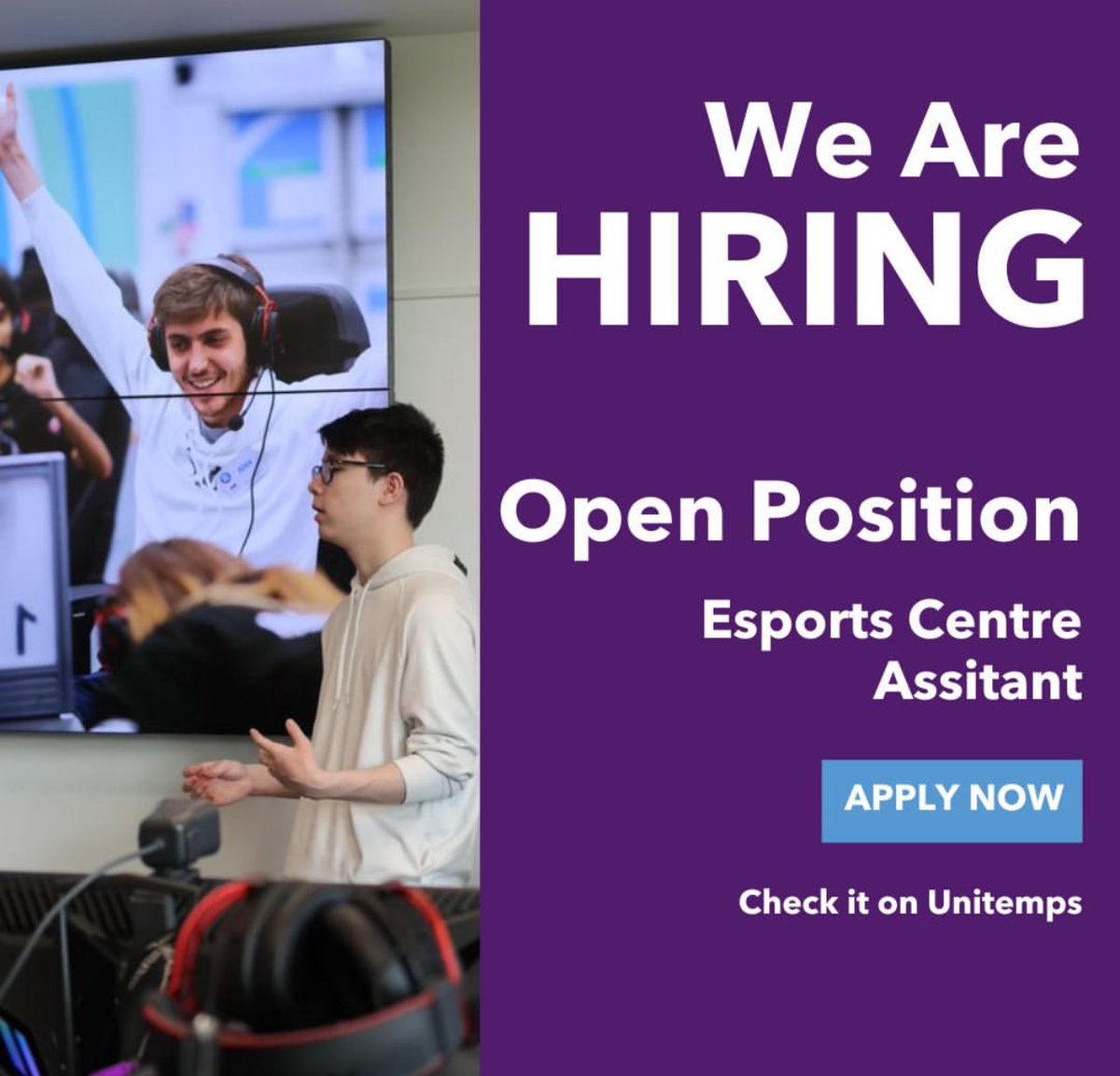 🎮 We’re Hiring! 🎮

Passionate about esports, gaming, and creative technology? 💻 We’re looking for a team of Esports Centre Assistants to help us with events, tournaments, live streams, VR, and much more! 🚀

💼 Apply now via Unitemps!