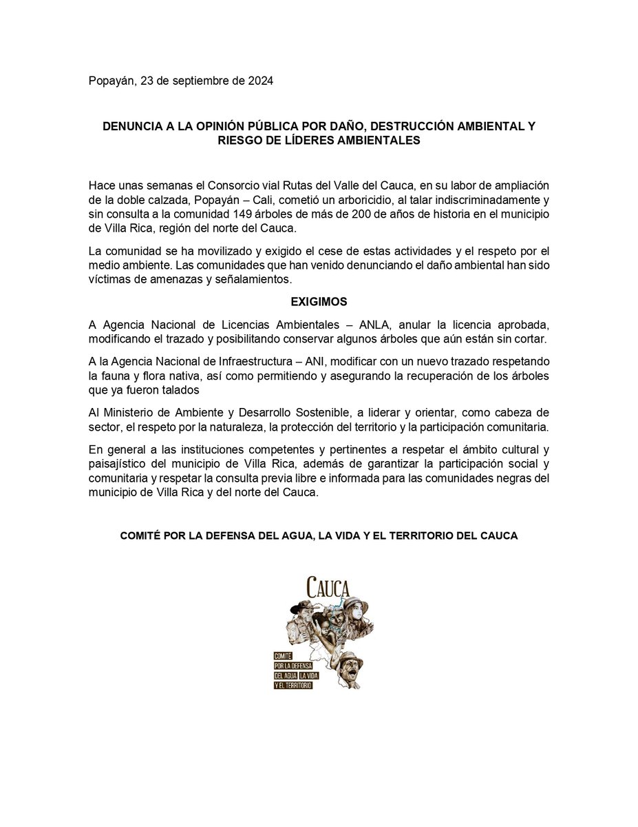 DENUNCIA PÚBLICA mpio de Villa Rica, norte del Cauca. 
Tala indiscriminada de 149 árboles de 200 años a causa proyecto de ampliación de doble calzada Pop - Cali. Liderazgos ambientales amenazados por denuncia. 
Respeto por comunidades, consulta previa y derechos fundamentales