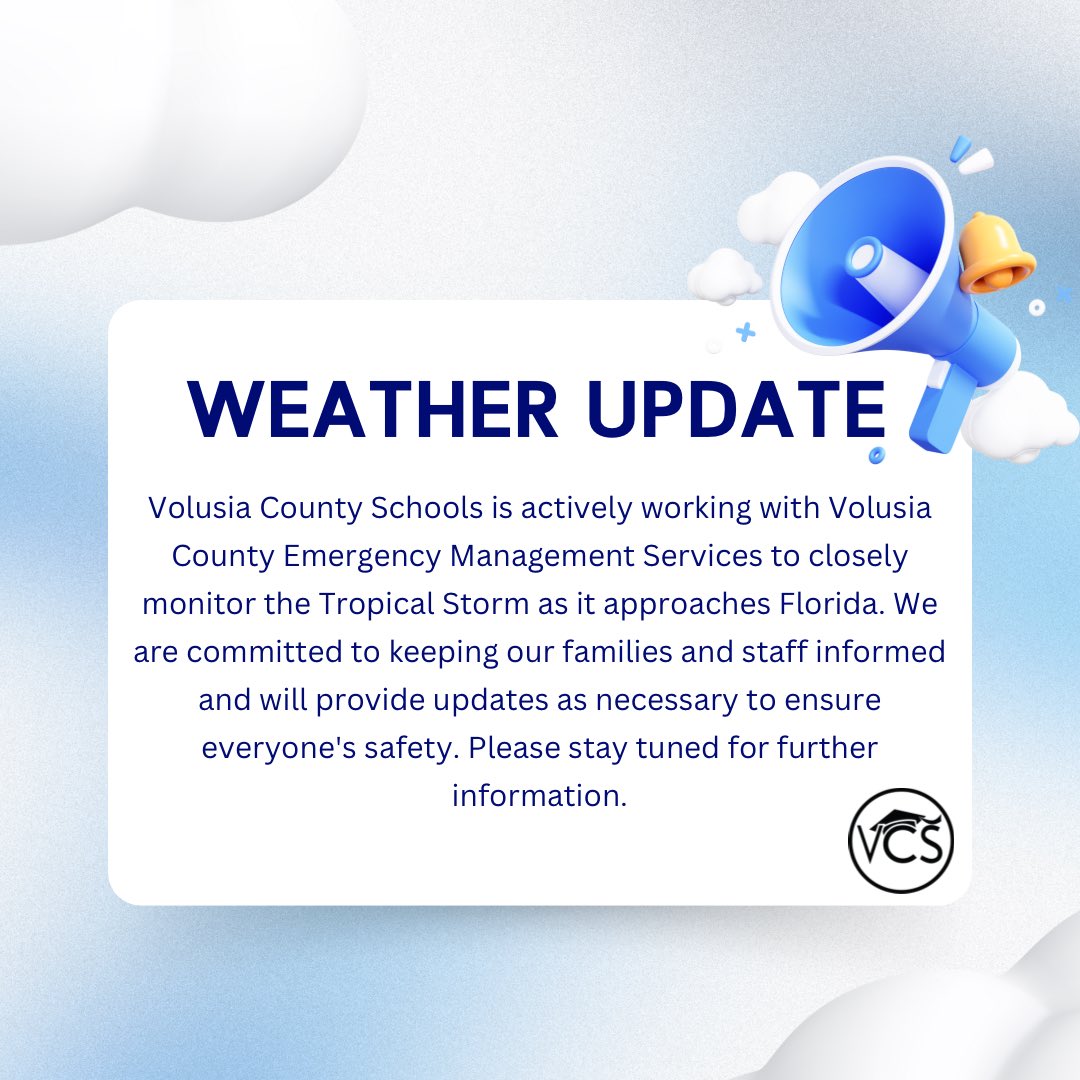 Volusia County Schools (@volusiaschools) on Twitter photo Volusia County Schools is closely monitoring the storm and we are working with Volusia County Emergency Management. We will keep everyone informed as we receive updates that may impact our schools. <a href="/VCEmergencyInfo/">Volusia County Emergency Management</a> Volusia County Schools is closely monitoring the storm and we are working with Volusia County Emergency Management. We will keep everyone informed as we receive updates that may impact our schools. <a href="/VCEmergencyInfo/">Volusia County Emergency Management</a>