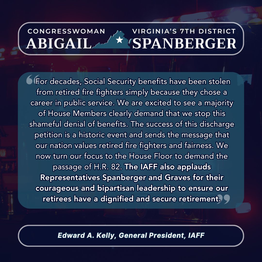 RepSpanberger's tweet photo. The U.S. House must now swiftly hold a vote on my bipartisan #SocialSecurityFairnessAct with @RepGarretGraves to repeal the WEP &amp; GPO and protect the Social Security benefits of millions of public servants.

I appreciate @IAFFOfficial being a strong partner in this effort. https://t.co/zzwHa6Wsb4