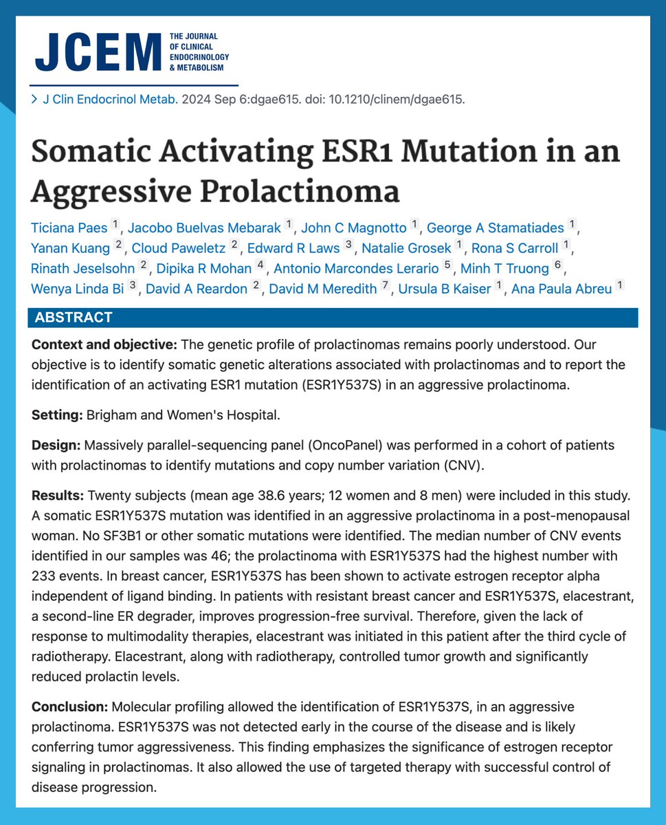 Dana-Farber’s Breast Oncology Center (@dfci_breastonc) on Twitter photo New study now out in m #JCEM looking at somatic activating #ESR1 mutation in an aggressive #prolactinoma, check it out here👇
pubmed.ncbi.nlm.nih.gov/39238355/#full…
<a href="/RMJesel/">Rinath Jeselsohn</a> <a href="/dipika_rm/">Dipika Mohan, MD, PhD</a> <a href="/wenyalindabi/">Wenya Linda Bi</a> #BreastCancer New study now out in m #JCEM looking at somatic activating #ESR1 mutation in an aggressive #prolactinoma, check it out here👇
pubmed.ncbi.nlm.nih.gov/39238355/#full…
<a href="/RMJesel/">Rinath Jeselsohn</a> <a href="/dipika_rm/">Dipika Mohan, MD, PhD</a> <a href="/wenyalindabi/">Wenya Linda Bi</a> #BreastCancer