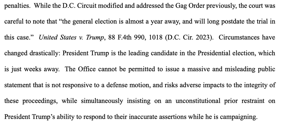 kyledcheney's tweet image. JUST IN: Trump says Jack Smith should not be allowed to file a 180-page "hit piece" this close to the election, particularly while Trump is restricted by gag order from commenting on witnesses. 

storage.courtlistener.com/recap/gov.usco…