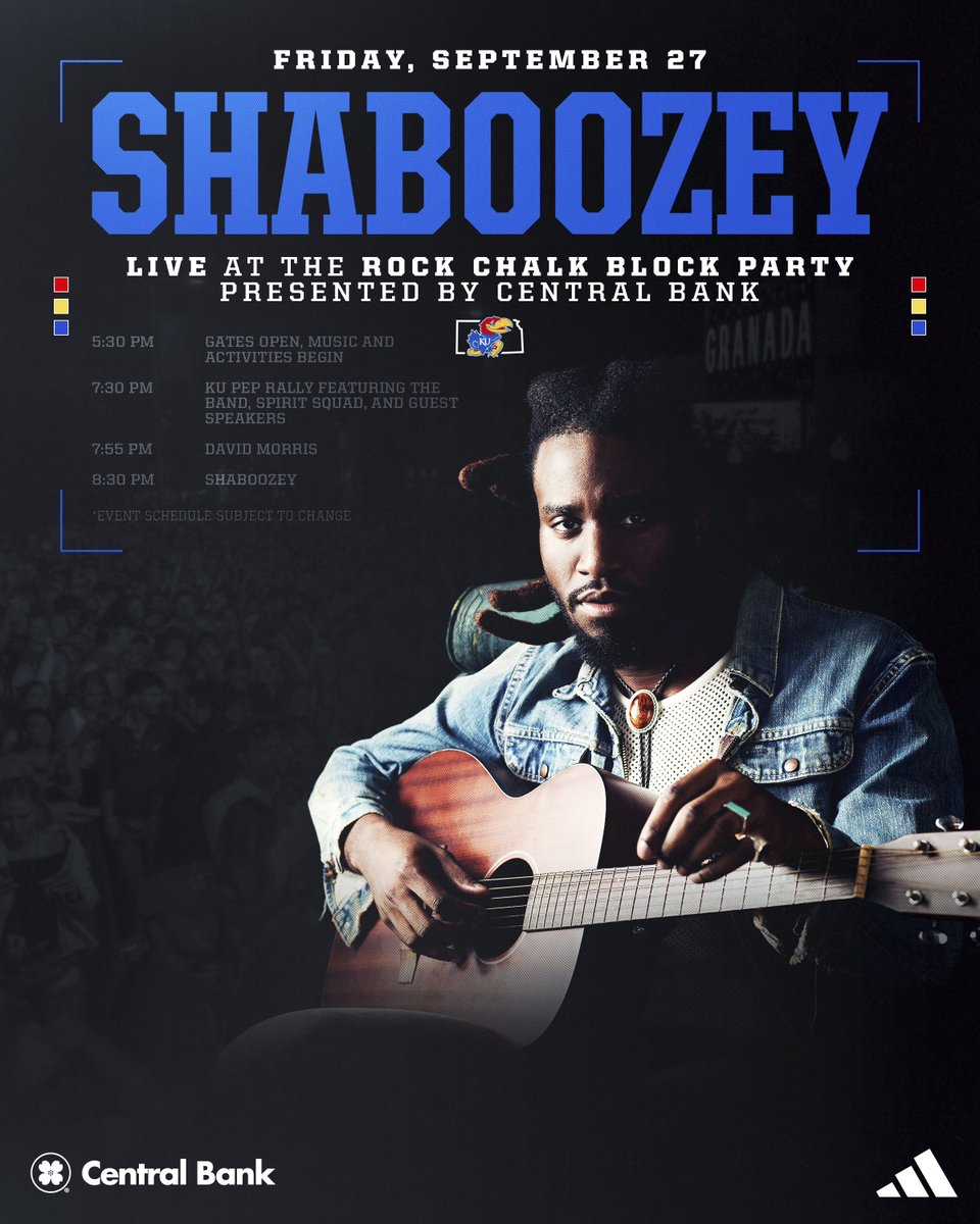 KUAthletics's tweet image. Block Party VIP giveaway 👀

RT for a chance to win 2 VIP passes to Friday night’s Rock Chalk Block Party, headlined by Shaboozey!

• Pre-show VIP Event at The Granada
• Access to front of the stage during the show

@CentralBankMW | @adidas