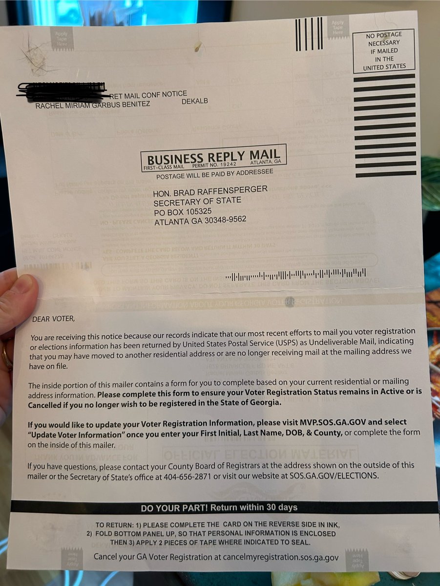 rachel_garbus's tweet photo. @GaSecofState explain why am I getting this?? I have lived (and received mail) at the same address for the last 5 years and I vote in every election. This mailer says if I don't fill out this form and send it back within 30 days I will be moved to inactive status! Insane! #gapol https://t.co/WPVuwaj39n
