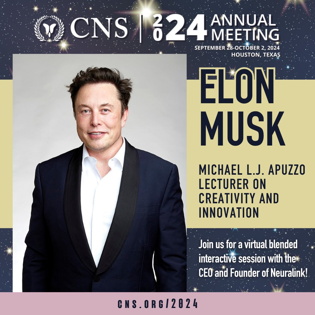CNS (@cns_update) on Twitter photo Breaking news! <a href="/elonmusk/">Kekius Maximus</a>, Founder and CEO of <a href="/neuralink/">Neuralink</a> will be the 2024 CNS Michael L.J. Apuzzo Lecturer on Creativity and Innovation. Don’t miss this blended interactive virtual session. Have a question you’d like to ask Mr. Musk? Not too late to register for the CNS meeting! Breaking news! <a href="/elonmusk/">Kekius Maximus</a>, Founder and CEO of <a href="/neuralink/">Neuralink</a> will be the 2024 CNS Michael L.J. Apuzzo Lecturer on Creativity and Innovation. Don’t miss this blended interactive virtual session. Have a question you’d like to ask Mr. Musk? Not too late to register for the CNS meeting!