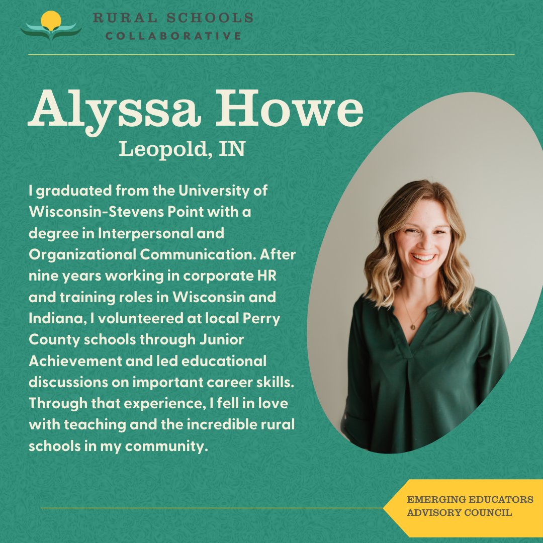 ⬇️ Meet the RSC Emergent Educators' Advisory Council ⬇️ 

First up, Alyssa Howe in the Indiana &amp; Great Lakes (<a href="/CELLuindy/">CELL at the University of Indianapolis</a>) hub. 👏 
Learn about Alyssa, ruralschoolscollaborative.org/profiles/alyss…