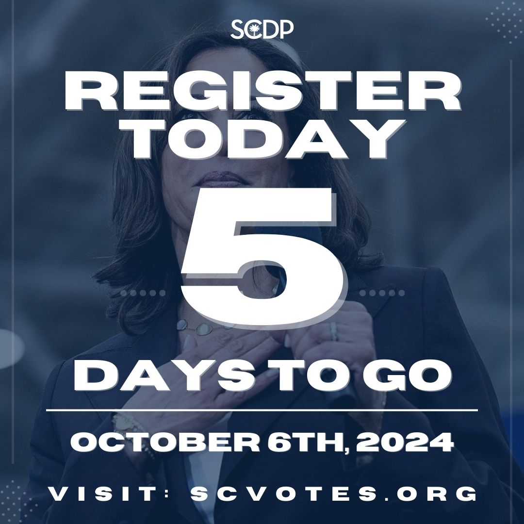 scdp's tweet image. Just 5 days to go! Time is running out to register to vote in this crucial election. Visit scvotes.org now, register, and get ready to vote blue across the ballot. South Carolina’s future depends on you! #VoteBlue2024 #SCVotes #YourVoteMatters