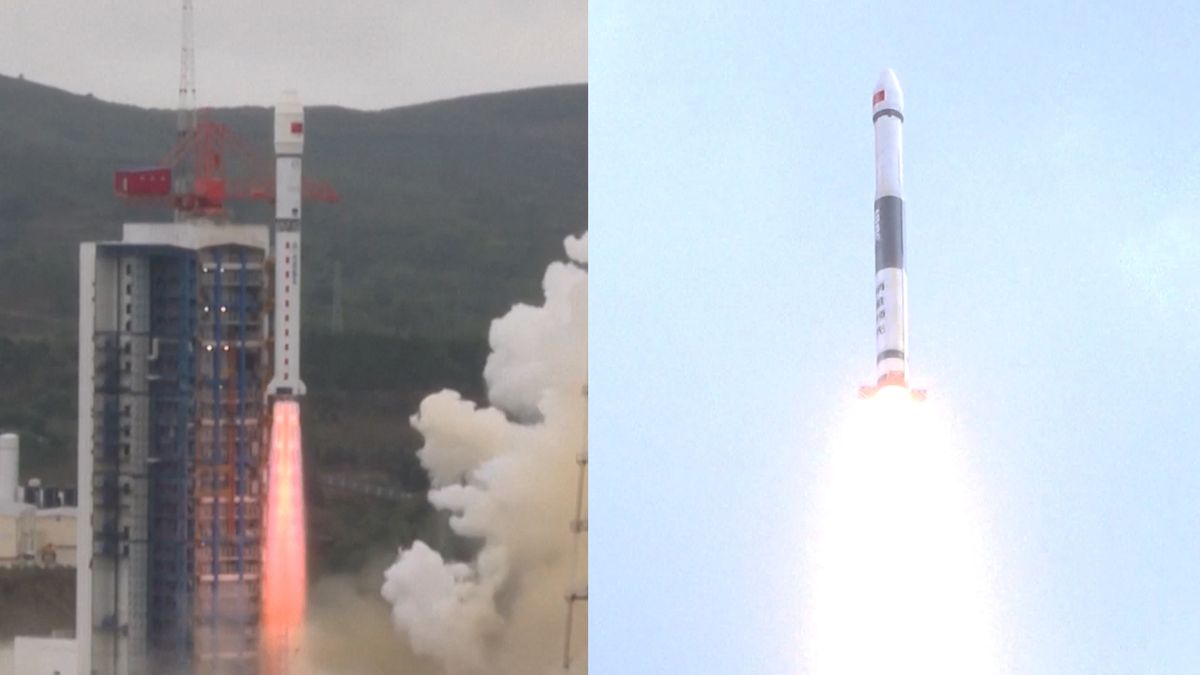 SPACEdotcom's tweet photo. China launches 10 satellites on 2 rockets less than 6 hours apart (video) https://t.co/ZV8To6tAYd https://t.co/fPKxUnwvMx