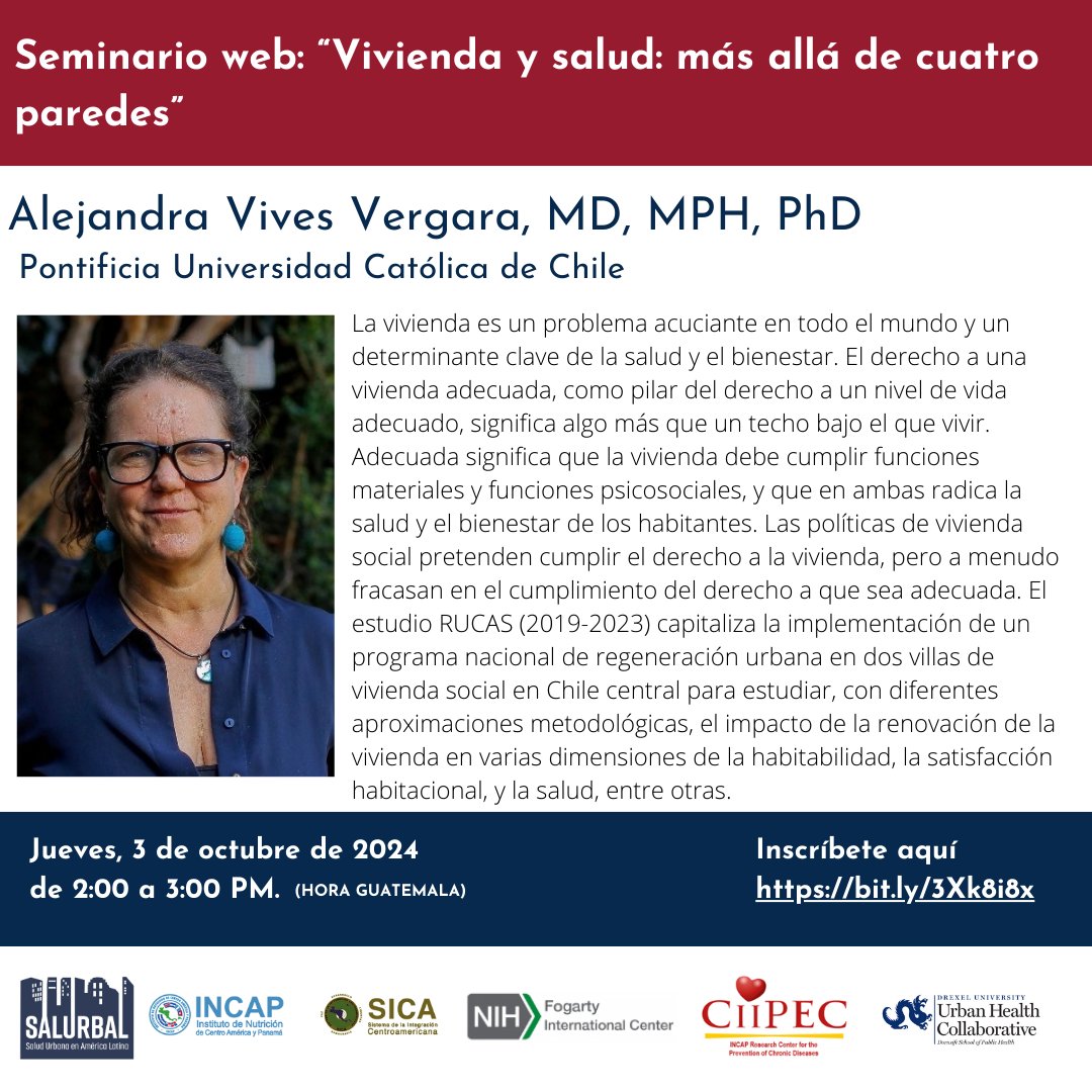 🇪🇸 | #Webinar Únete a esta charla con la Dra. Alejandra Vives Vergara, PhD.  sobre el derecho a una vivienda adecuada, y su relación con la salud y el bienestar.
🔗 Regístrate: bit.ly/3ZsKLoy
📅 03 de octubre
⏱️ 2 p.m. -3 p.m. (Guatemala) | 4 p.m. - 5 p.m. (EST)