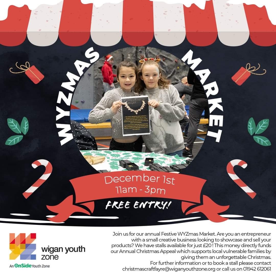 🎅🎄🦌🎁 ⛄ Join us Sunday 1st December for the WYZMAS Christmas Market ! 
All stall costs go towards our Family Christmas Meal providing over 200 local people from underprivileged families with a  festive fun day to remember🙏🏻 
Help us to spread the spirit of Christmas ❤️💛💙