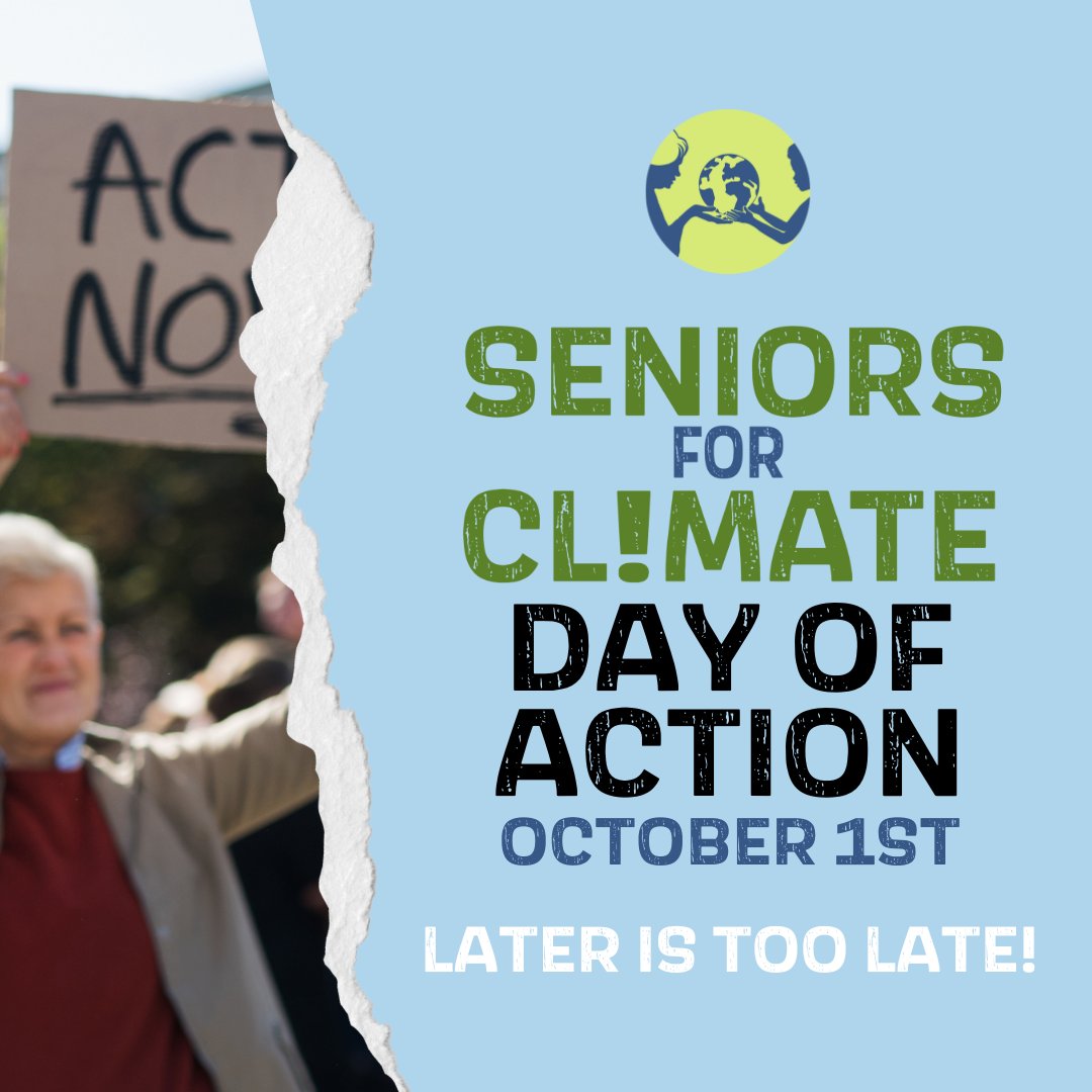 WCELaw's tweet image. “Later” is too late for the climate. Join seniors across Canada for a day of climate action this fall, on October 1st. 📢 #LaterIsTooLate #SeniorsForClimate #NationalSeniorsDayCAN

@ClimateSeniors

Join or plan your own local action: seniorsforclimate.org