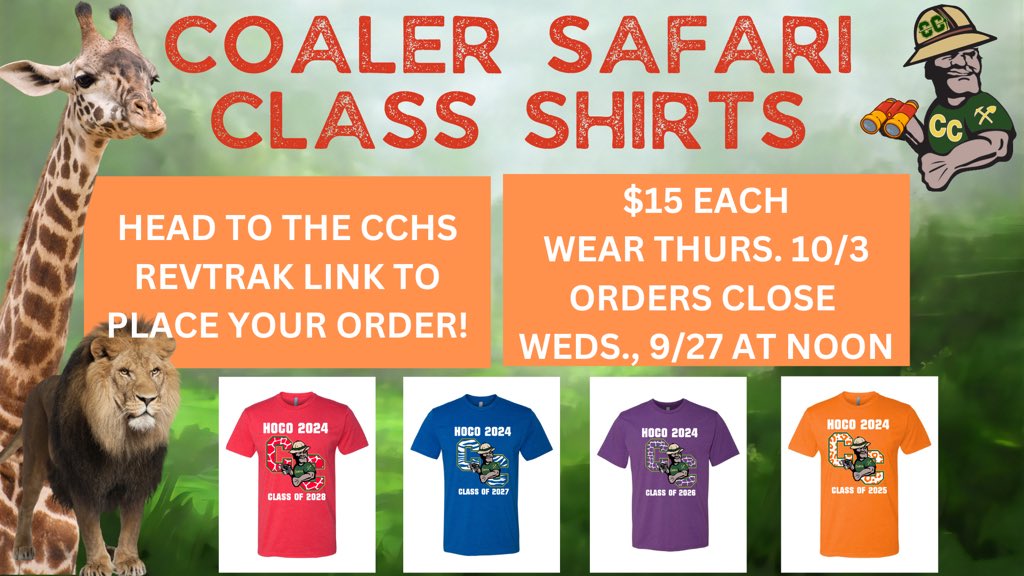 Homecoming Shirts are now available to order until noon on Wednesday. Order fast!

coalcity.revtrak.net/high-school-/#…