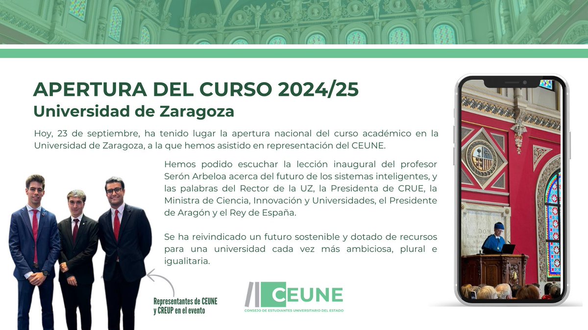 CEUNE (@ceune2) on Twitter photo Hoy desde el CEUNE hemos asistido a la Apertura Nacional del Curso Académico 2024/25 en la <a href="/unizar/">Universidad Zaragoza</a>.
Comienza un curso lleno de cambios normativos en el que seguiremos defendiendo los derechos e intereses del estudiantado universitario. Hoy desde el CEUNE hemos asistido a la Apertura Nacional del Curso Académico 2024/25 en la <a href="/unizar/">Universidad Zaragoza</a>.
Comienza un curso lleno de cambios normativos en el que seguiremos defendiendo los derechos e intereses del estudiantado universitario.