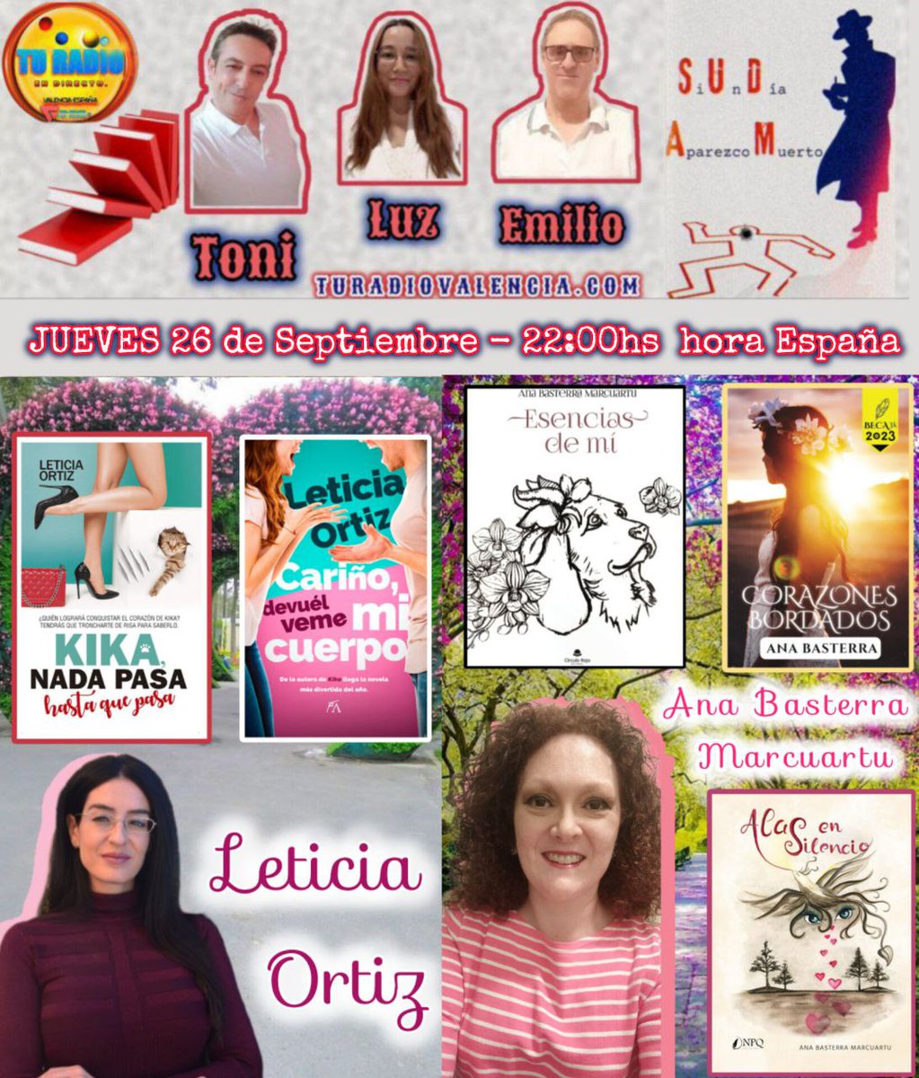 #SiUnDíaAparezcoMuerto #SUDAM
Tienes una cita este Jueves 22hs🇪🇦 Hora Penínsular 

Programa de 📻 dirigido por <a href="/tonigar36610033/">Toni García Villanueva</a>
Colaboradores:<a href="/emilio_bravo__/">Emilio R. Bravo🖊📖</a> 
<a href="/Luztintalavanda/">📚 Luz | Creadora de Contenido</a> 
Dos invitadas de lujo:
Leticia Ortiz instagram.com/leticiaortiz_e…
Ana Basterra <a href="/anabm46/">Ana Basterra</a>

Los esperamos ✨🤓