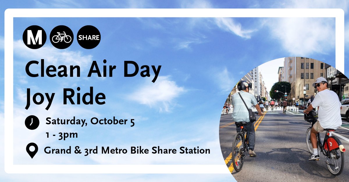 Metro Bike (@bikemetro) on Twitter photo Join us for a ride in celebration of @cleanairday and SoCal Transit Week!
We'll ride through DTLA exploring some historic sights, and end with a <a href="/metrolosangeles/">Metro Los Angeles</a> train ride back to the start, using transit options thar help clean the air. ๐ฒ๐ RSVP here: ow.ly/8mUN50TtQqn Join us for a ride in celebration of @cleanairday and SoCal Transit Week!
We'll ride through DTLA exploring some historic sights, and end with a <a href="/metrolosangeles/">Metro Los Angeles</a> train ride back to the start, using transit options thar help clean the air. ๐ฒ๐ RSVP here: ow.ly/8mUN50TtQqn