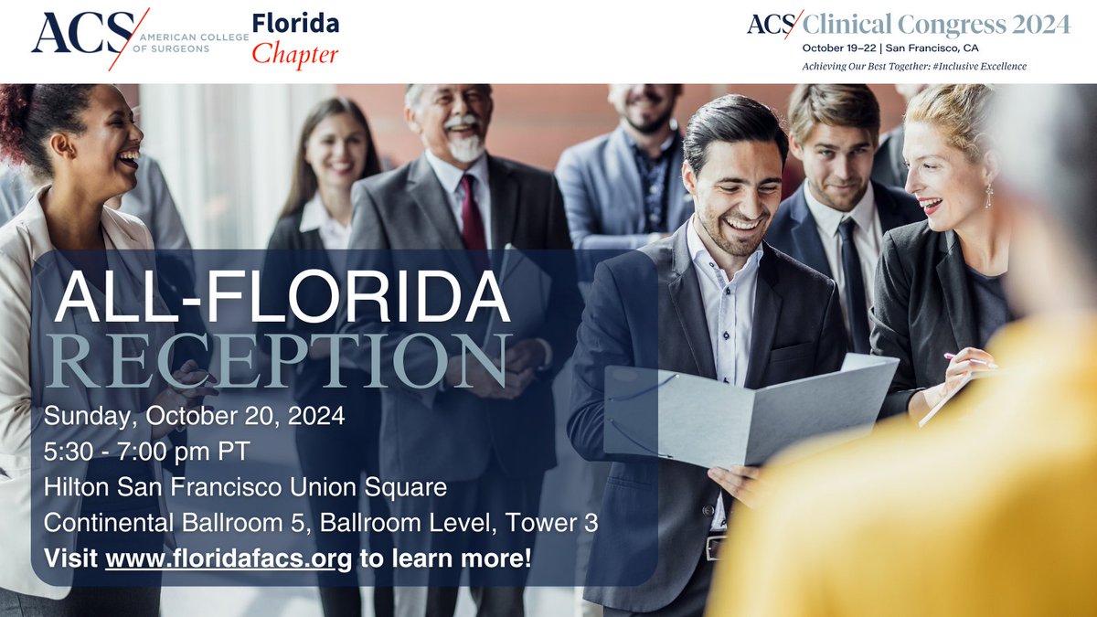 FloridaACS's tweet photo. Come together with colleagues from across the state to connect, network, and celebrate! Don’t miss this fantastic opportunity to engage with fellow surgeons and leaders at Clinical Congress.

Sunday, October 20th, 5:30 PM Pacific.

RSVP at https://t.co/79IPeOsKzD. See you there! https://t.co/OVQ75VTmuj