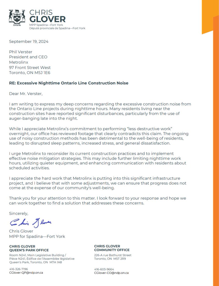 chrisgloverndp's tweet image. Metrolinx construction occuring twenty-four seven is causing excessive noise and placing an unacceptable burden on our Spadina - Fort York residents.

I&apos;ve asked that noise mitigation strategies be implemented and more consideration be given to limit nighttime work.

#SpaFY