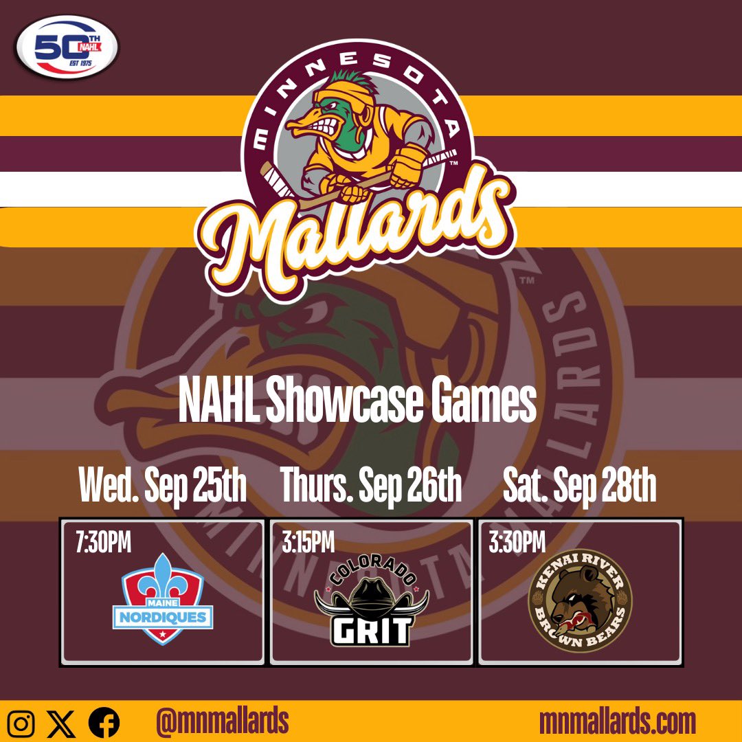 🚨 NAHL Showcase Games 🚨  
Your Minnesota Mallards are ready to hit the ice at the Schwan Super Rink in Blaine, MN for the NAHL Showcase! Come support your Mallards and catch all the action! #NAHLShowcase #HockeySeason