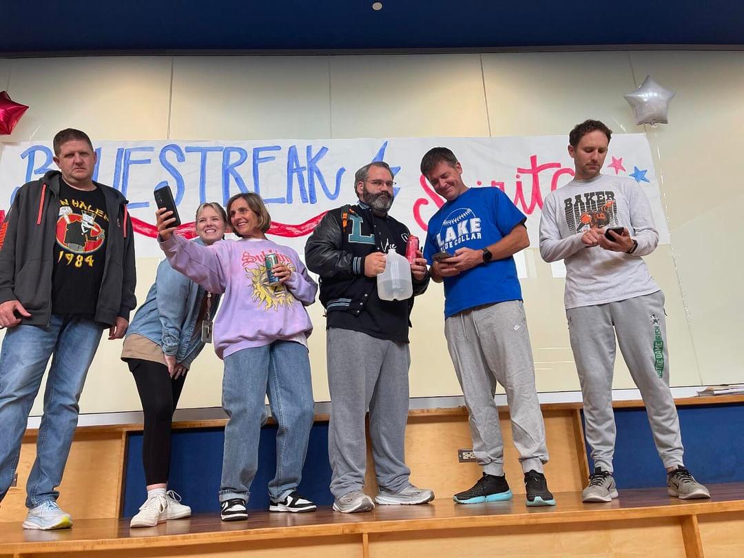 MrsSmithLHS's tweet photo. 🔵⚡Spirit Week⚡🔵
Theme: Teachers dress like students. THE Social Studies Department 
@MrMcCoy_1 @BuckerfieldMr @bluestreakmrstu #greatatlake https://t.co/Jtq4izPAkc