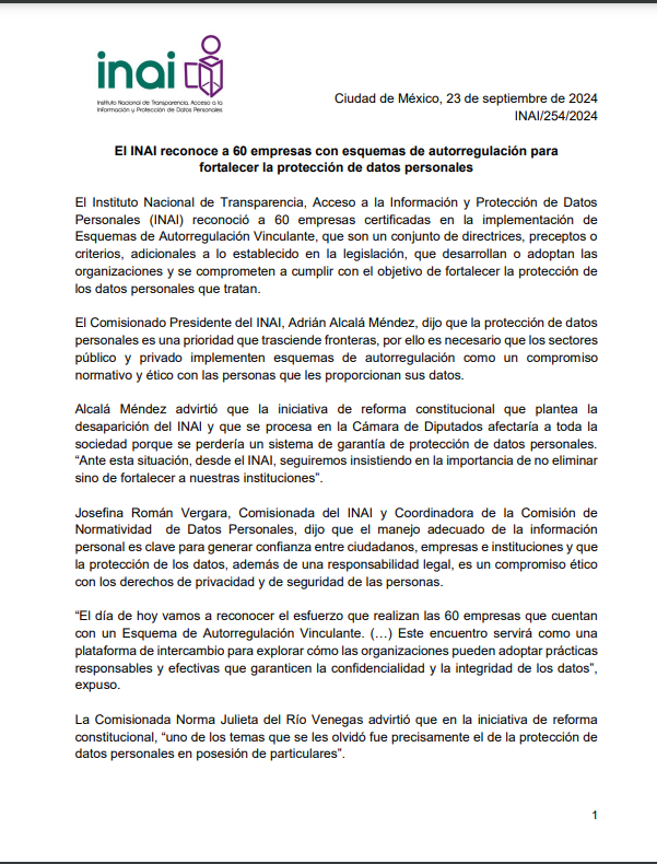 INAImexico's tweet photo. 📃 #ElINAIteInforma 

El INAI reconoce a 60 empresas con esquemas de autorregulación para fortalecer la protección de datos personales.

🔗 https://t.co/eqFNukaPyD https://t.co/I7aIL7xlW9