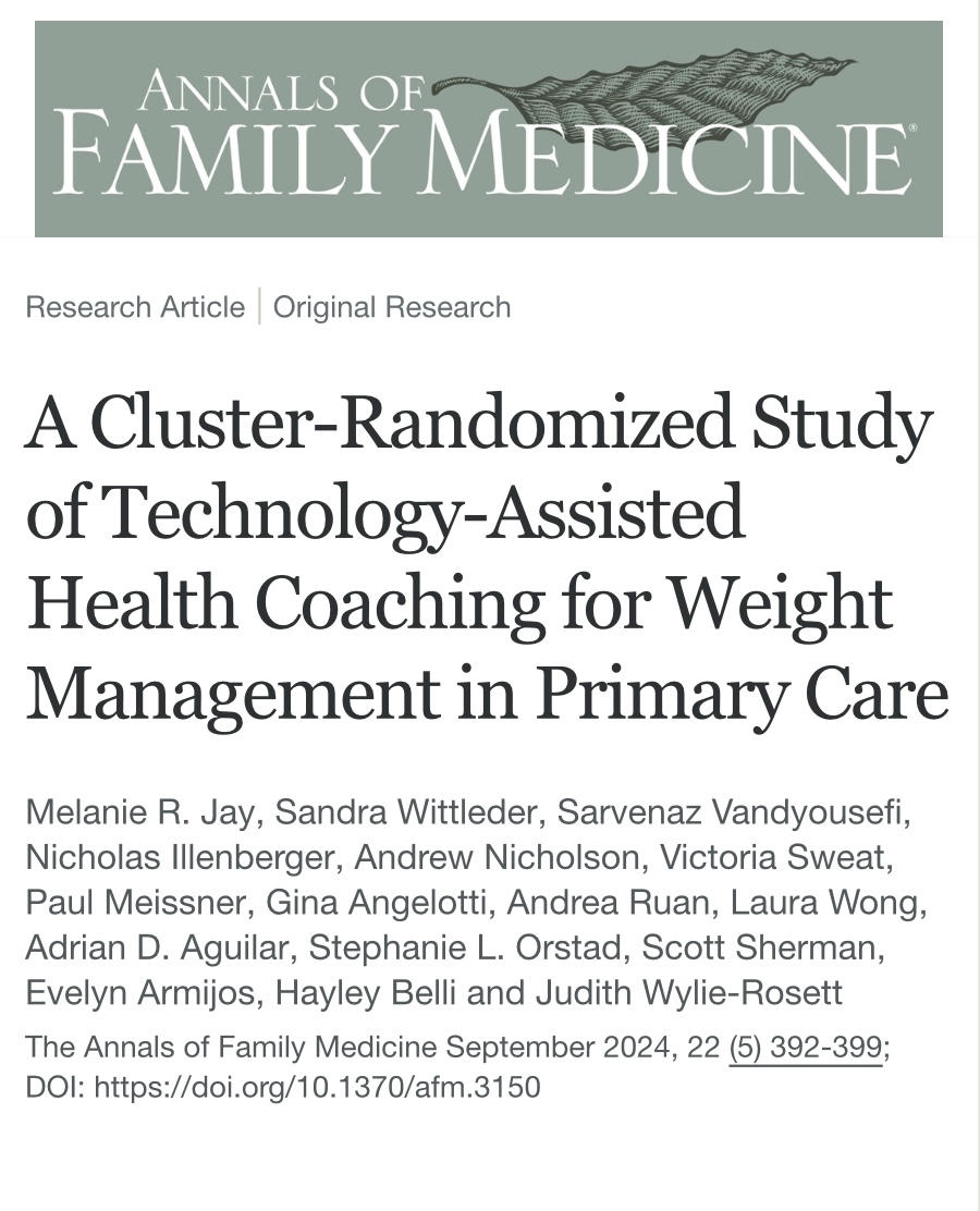 I’m excited to share our recent publication in <a href="/AnnFamMed/">Annals of Family Medicine</a> , “A Cluster-Randomized Study of Technology-Assisted Health Coaching for Weight Management in Primary Care" <a href="/nyulangone/">NYU Langone Health</a> <a href="/NYULH_DeptofMed/">NYU Department of Medicine</a> <a href="/NIDDKgov/">NIDDK</a> <a href="/WittlederPhD/">Sandra Wittleder, PhD</a> <a href="/Sarvenaz_Vandy/">Sarvenaz Vandyousefi, PhD, MS, RD</a> 
#obesity #primarycare
