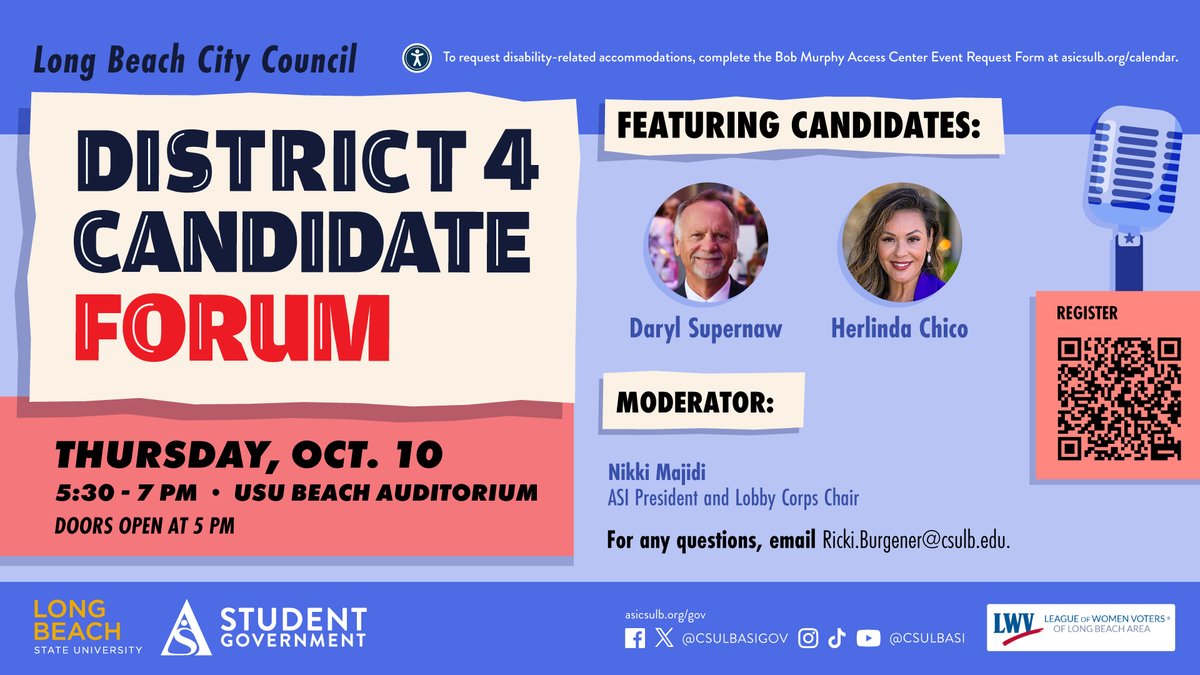 Get up to speed on the candidates to represent District 4 on the Long Beach City Council! You're invited to a candidate forum 5:30 p.m. to 7 p.m. Thursday, Oct. 10, in the USU Beach Auditorium.
Are you registered to vote? Check: sos.ca.gov/elections/regi…
#gobeach #GoTeach #GoVote