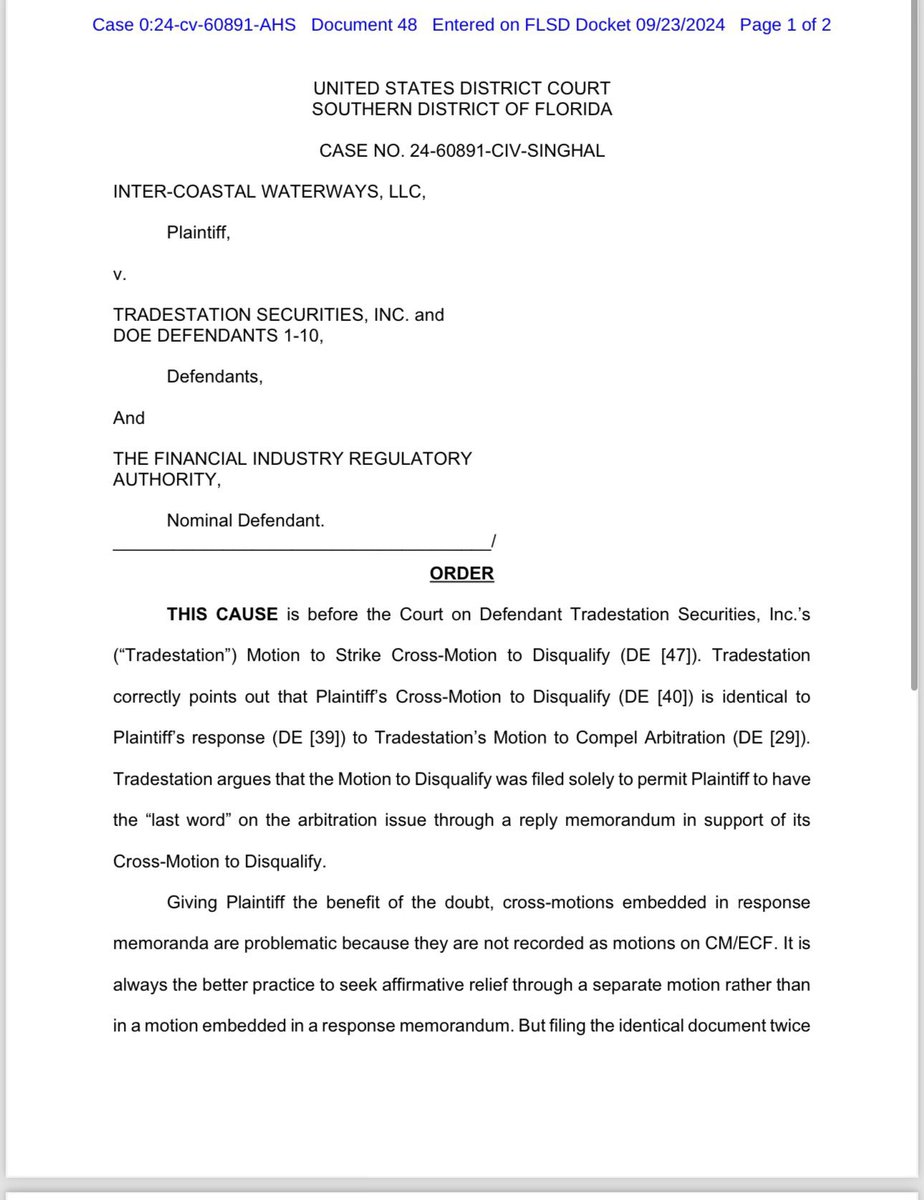 xMarketNews's tweet photo. BREAKING🚨 COURT SIDES WITH INTER-COASTAL WATERWAYS IN $MMTLP COURT CASE 

- COURT RULES THAT TRADESTATION MOTION TO STRIKE CROSS-MOTION TO DISQUALIFY (DE[47]) IS ❌ DENIED ❌

- Inter-Coastal Waterways response memorandum in support of the “Cross-Motion to Disqualify” to address the issue of whether FINRA should be disqualified is ✅ ORDERED ✅

A WIN FOR $MMTLP $MMAT #MMTLP