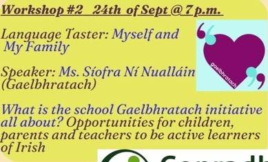ScoilChronain's tweet photo. 2/2 📢We look forward to our next workshop tomorrow Tuesday 24th Sept @ 7 p.m.📢 Tá súil againn go mbeidh tú ann! (We hope that you will be there!) Míle buíochas to our invited speaker Síofra Ní Nualláin from the Gaelbhratach (Irish Flag) initiative 🙌 @GaelLinn @Gaelbhratach10 https://t.co/7HIvI0pPYh