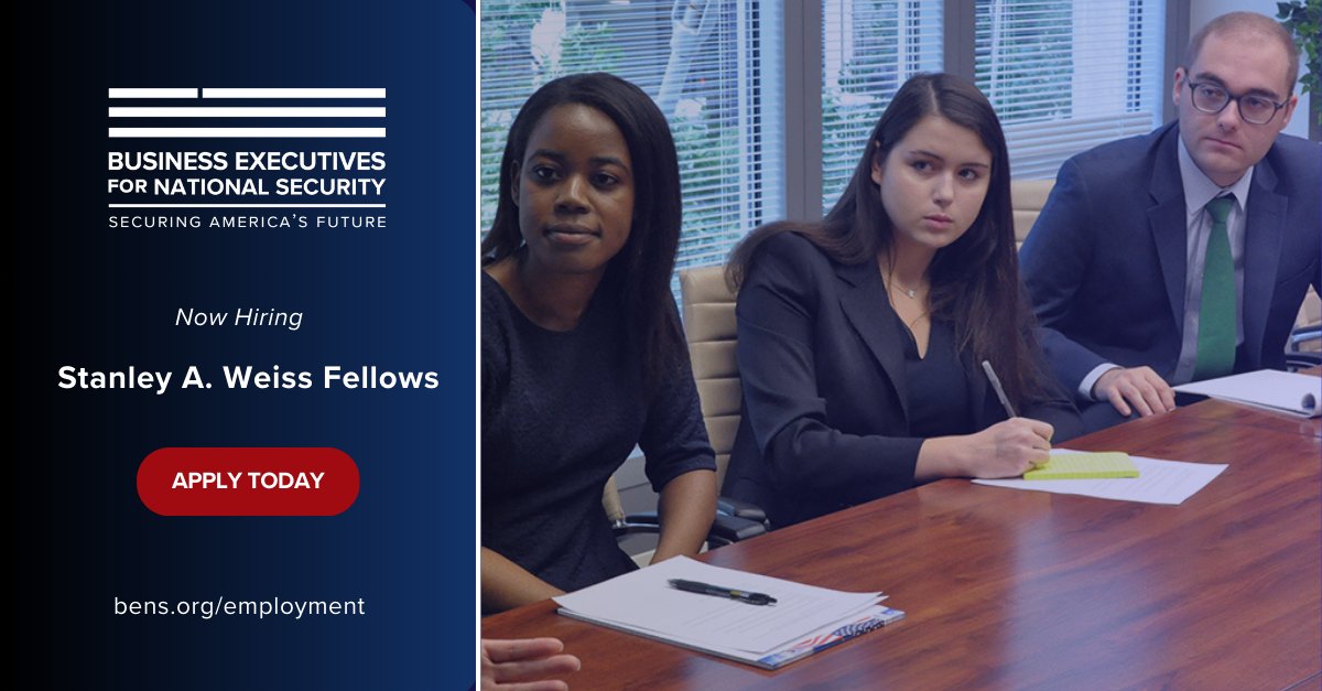 Looking to gain experience in national security? Know someone who is? Apply to become a spring Stanley A. Weiss Fellow! 

Learn more and apply today ➡️
bit.ly/3TAMwwg

#hiring #BENS #nationalsecurity #youngprofessionals #fellowships #jobs