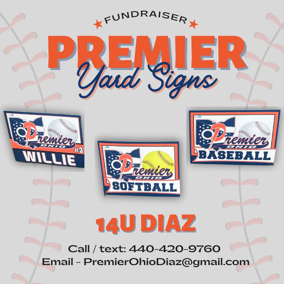premierath's tweet image. ‼️IT'S YARD SIGN SEASON‼️

14U Diaz has an awesome fundraiser this year

Contact 14U Diaz before OCTOBER 20TH. 
Call / text: 440-420-9760 
Email - PremierOhioDiaz@gmail.com

#yardsign #baseball #softball #premierohio #premierohiobaseball #premierohiosoftball