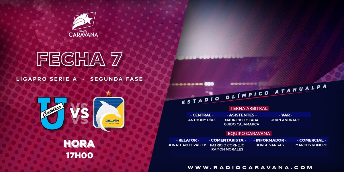 Caravana750's tweet photo. ¡SE JUEGA EL ÚLTIMO PARTIDO DE LA FECHA! ��

🎙️ @JonathanCLVoz 
🎙️ @PatoCornejo 
🎙️ @Rmoralesverduga 
🎙️ @chapovargasj 
🎙️ #MarcosRomero 

🔵 @UCatolicaEC 🆚 @DelfinSC 🟡

🏆 @LigaProEC 
🗓️ Fecha 7 - Fase 2
🏟️ Olímpico Atahualpa

👉🏻 Escúchalo por https://t.co/ShrThDXqaw https://t.co/ZGnW5Zo4K6
