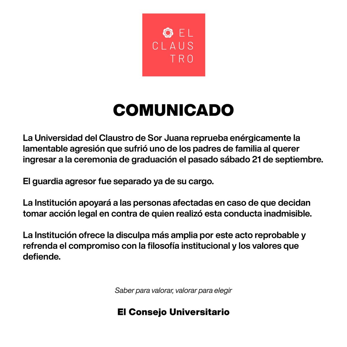 🚨🔴 Informa la Universidad del Claustro de Sor Juana que el guardia agresor ya fue separado de su cargo y anuncia que la Institución apoyará a las personas afectadas que decidan tomar acción legal.