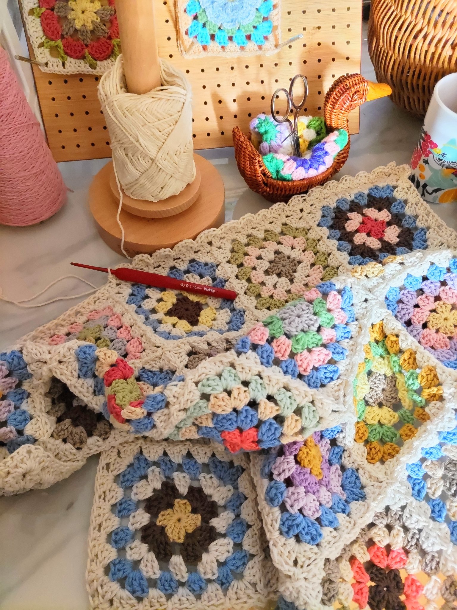 手編みブランケット★お花畑★カラフル★かぎ針編み★お花モチーフ★コットン 手編みブランケット☆お花畑☆カラフル☆かぎ針編み☆お花モチーフ
